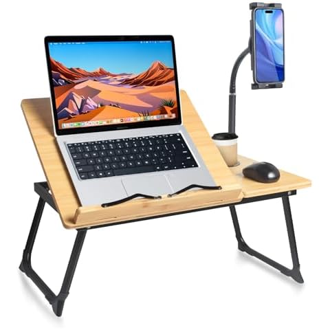 Laptop Desk in Bed, wishacc Adjustable Bamboo Lap Desk Table with Gooseneck Tablet Holder Mount for Laptop,Tablet,Phone,Book Reading Cover