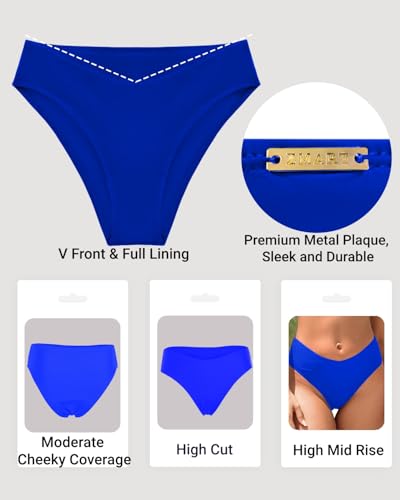 Image of Zmart Women V Cut Cheeky Bikini Bottoms - Mid Waist High Cut Swim Bathing Suit Bottoms V Front Swimsuit