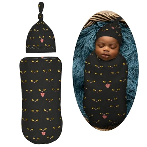 Image of Black Cats Cute Newborn Swaddle Blankets Hat Sets Soft Baby Receiving Blanket Swaddle Sack for Baby Shower Infant Boy Girl Gift