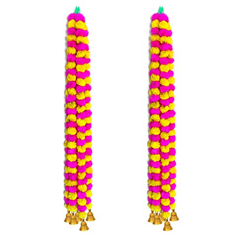 Image of iHandikart Handmade Decorative Marigold Artificial Fluffy Garland with Bell in The Bottom, Size 60x2.5 inches Used for Home /Office Decoration, Yellow, Pink Colour (Pack of 10)