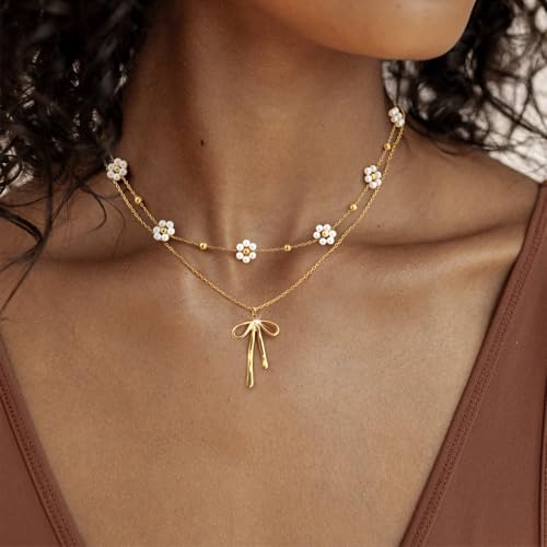 KSF Womens Gold Bow Pearl Necklace - Dainty 18k Gold Plated Layered Bow Daisy Pearl Necklaces Set for Women, Cute Bow Flower Choker Necklace Trendy Jewelry Gifts2