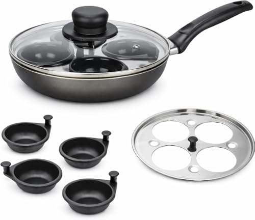 GRACE KITCHEN Cookware - 4 Egg Poacher Pan Non Stick Poaching Pan 20cm Aluminium with Glass Lid & Removable Cups Saucepan for Gass Easy Clean Cooking