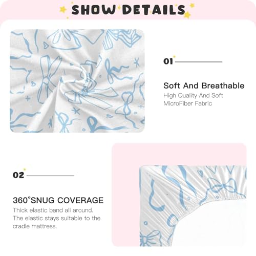 Image of Cartoon Doodle Blue Bows Fitted Crib Sheets Stretchy Portable Playard Sheets for Baby Toddler, Breathable Soft Mini Crib Mattress 52 x 28 in for Boys and Girls