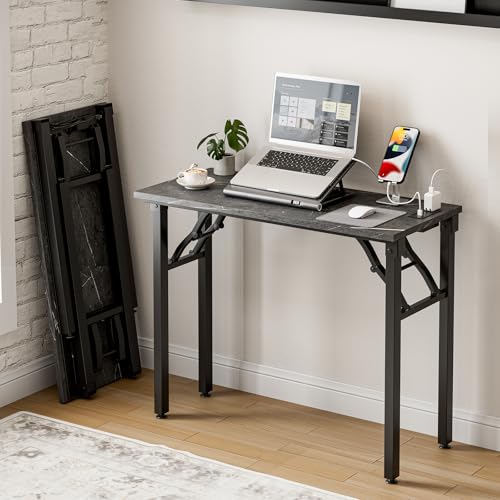 Image of Frylr Small Folding Computer Desk - 35.8 Inch Portable Table for Craft and Study, Lightweight Desk for Small Spaces, Foldable Laptop Table Built-in AC /USB Outlets for Convenience, Marble Greige