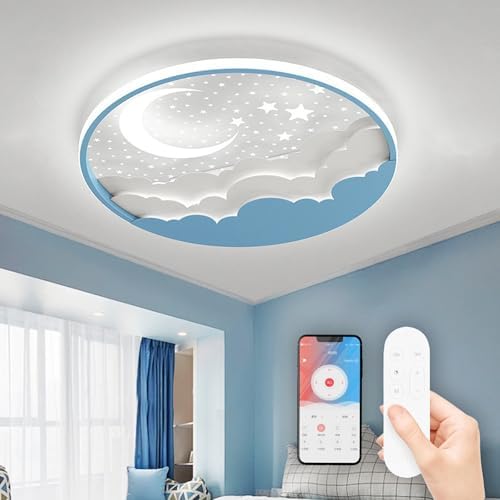 AHXIAOZN LED Kinder Deckenlampe, Stern Mond Deckenleuchte Mit Fernbedienung, Stufenloses Dimmbar Kinderzimmer Deckenleuchten, Schlafzimmer Decke Kindergarten Beleuchtung(D40cm, Bla