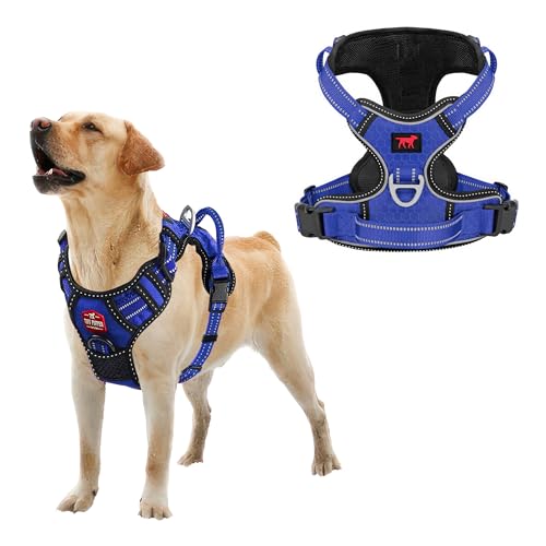 Tuff Pupper No Pull Easy Walk Dog Harness | Heavy Duty Pet Vest | Front & Back Leash Clips | Strong Safety Handle | Reflective Anti Pull Vest | Comfortable Padded Escape Proof Harness (Large, Blue)