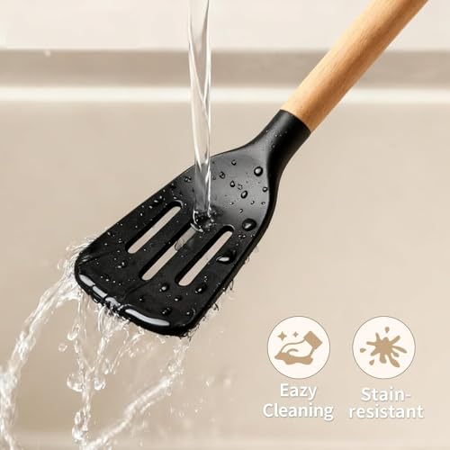 Image of Elmvia Silicone Cooking Utensil Set,12 PCS Cooking Kitchen Utensils Set, Nonstick Kitchen Utensils 446F Heat-Resistant Cookware Kitchen Tools of Spoon,Brush,Whisk,Spatula,Turner Tongs (Black)