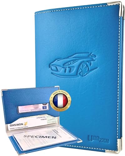 Ugozen Pochette Carte Grise Luxeo | Porte Papier Voiture Etui 3 Volets Cristal Inclus. Bleu pétrole