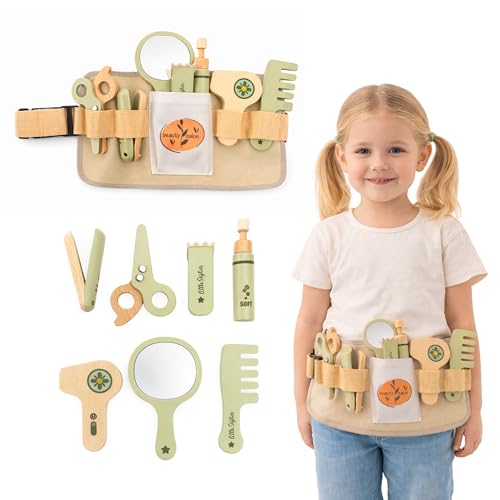 Mamabrum Kit de peluquería de madera para niños con cinturón de accesorios 8 piezas peluquería juguete creativo juego de roles tijeras secadora plancha de pelo