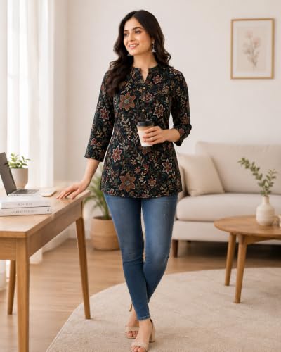 Image of Women's Floral Printed Cotton Kurti Summer Cotton Tunic Top for Girls