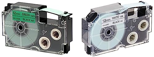 Image of Casio XR-12GN1 Label Printer Tape (Black and Green) & Casio XR-12WE1 Label Printer Tape (Black and White)