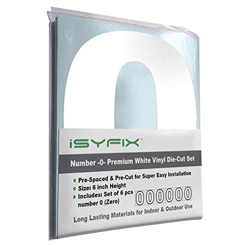iSYFIX White Vinyl Number 0 (Zero) Stickers - 6 Pack 6 inch Self Adhesive - Premium Decal Die Cut & Pre-Spaced for Mailbox, Signs, Door, Cars, Trucks, Home, Business, Address Number, Indoor & Outdoor