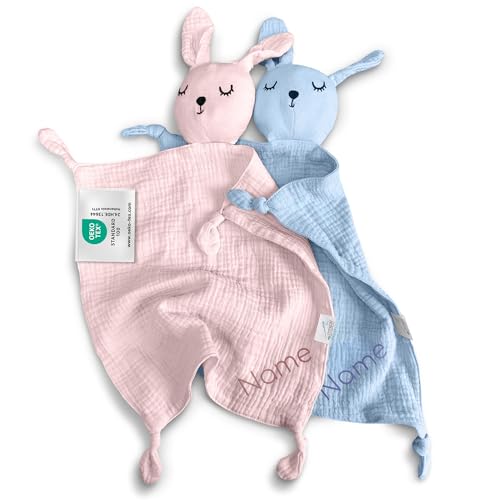 Doudou per bambino con nome ricamato, certificato Oeko-TEX Standard 100, doudou personalizzato in morbida mussola (blu chiaro)