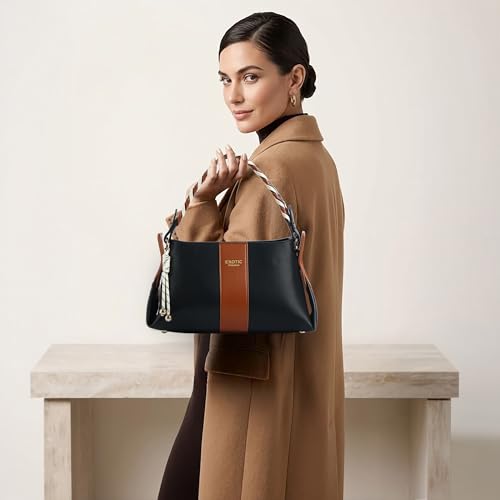 Image of EXOTIC Noire Twist Structured Handbag with Braided Handle & Multi-Compartment Design