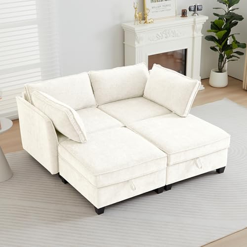 Image of ORRD Sleeper Modular Sectional Sofa Set, Convertible Couch Bed with Storage, 4 Seater and 2 Armrestes Sofa Modular for Living Room, Office (Beige)