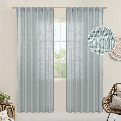 LAMIT 80 inch Linen Living Room Curtains, Faux Linen Textured Light Filtering Drapes Back Tab and Rod Pocket Boho Panels for Farmhouse/Bedroom, 2 Panels, 52 x 80 Inch, Greyish Blue