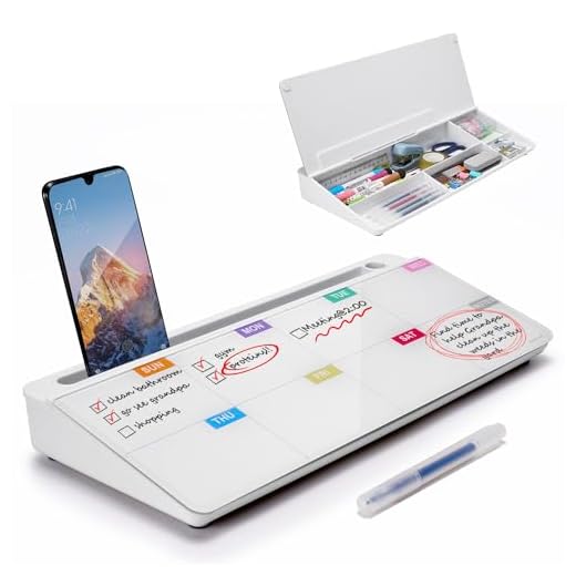 TSJ OFFICE Small Desktop Whiteboard -Glass Dry Erase Board Computer Keyboard Stand White Board Surface Pad with Drawer, Desk Organizers with Accessories for Office, Home - White-Weekly Calendar