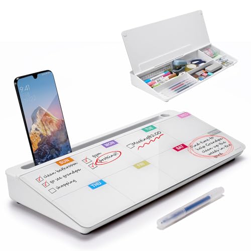 Image of TSJ OFFICE Whiteboard Weekly Dry-Erase-Board - Desktop White Board Calendar Desk Organizers with Accessories Computer Keyboard Stand with Drawer, for Office, Home, School Supplies - White Calendar
