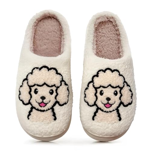 Afellicy Poodle Slipper for Women Puppy Slippers Cozy Fuzzy Lining Dog Gift Footwear Embroidery Plush House Shoes Apricot Poodle Size 8 9