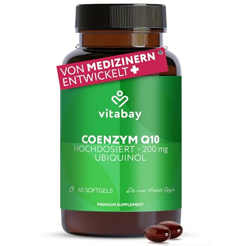 Vitabay Coenzym Q10 Ubiquinol 200 mg – 60 Kapseln – hochdosiert – natürliches Q10 in aktiver Form (Ubiquinol) aus pflanzlicher Fermentation gewonnen – Laborgeprüft in Deutschland