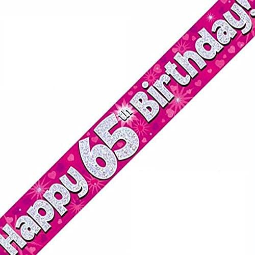 9ft Banner Happy 65th Birthday Pink Holographic, 9 ft