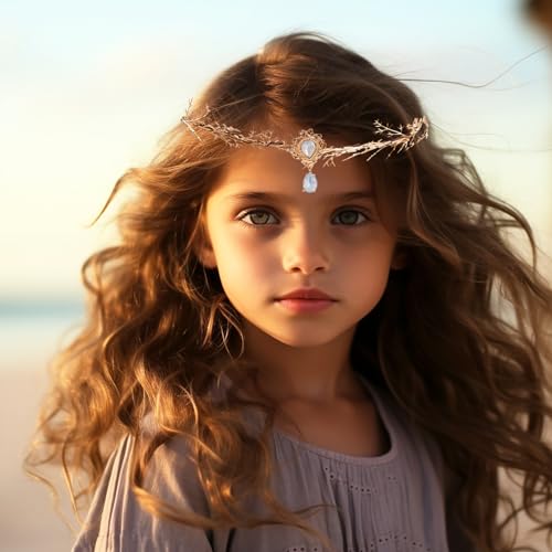 Vivivalue Gold Elf Flower Crown Floral Headband Woodland Elven Headpiece with Rhinestone Accessory for Women Girls Wedding Prom Renaissance Halloween Cosplay Photoshoot