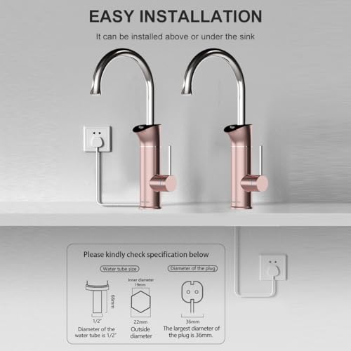 Briwellna Durchlauferhitzer Wasserhahn mit Digitaler Anzeige, 220V Tanklose Elektrische Heizung Küche, 360 Grad drehbarer elektrischer Wasserhahn(Gloden Rose)