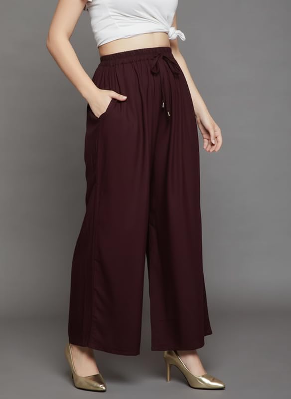 Image of Super Soft Viscose Rayon Flared Palazzo Pants for Women Stylish Wide Leg Straight Relaxed Fit Casual Ethnic Office Wear