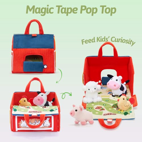 Image of OUOZZZ Farm Stuffed Animals Sensory Toys Set for Toddlers 9.4 inch Playhouse | Soft Sensory Tractor Plush, Animal Friends with Bell Sound, Activity Mat, Portable