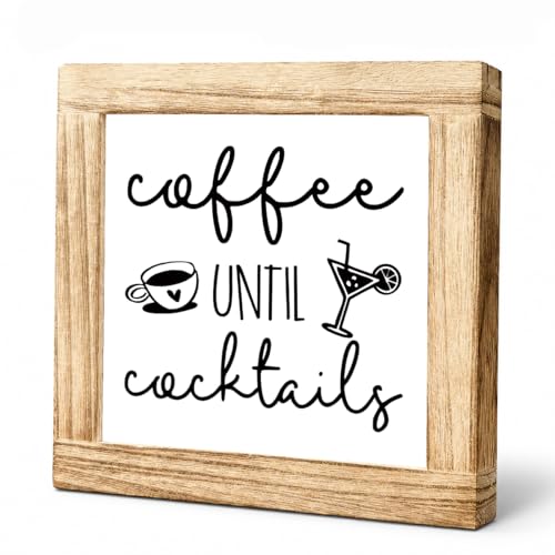 Coffee Until Cocktails Wood Sign, Coffee Bar Decor Plaque, Funny Kitchen Counter Shelf Decoration, Rustic Farmhouse Drink Station Decor For Home Bar Cafe Corner, 5.9 x 5.9 in