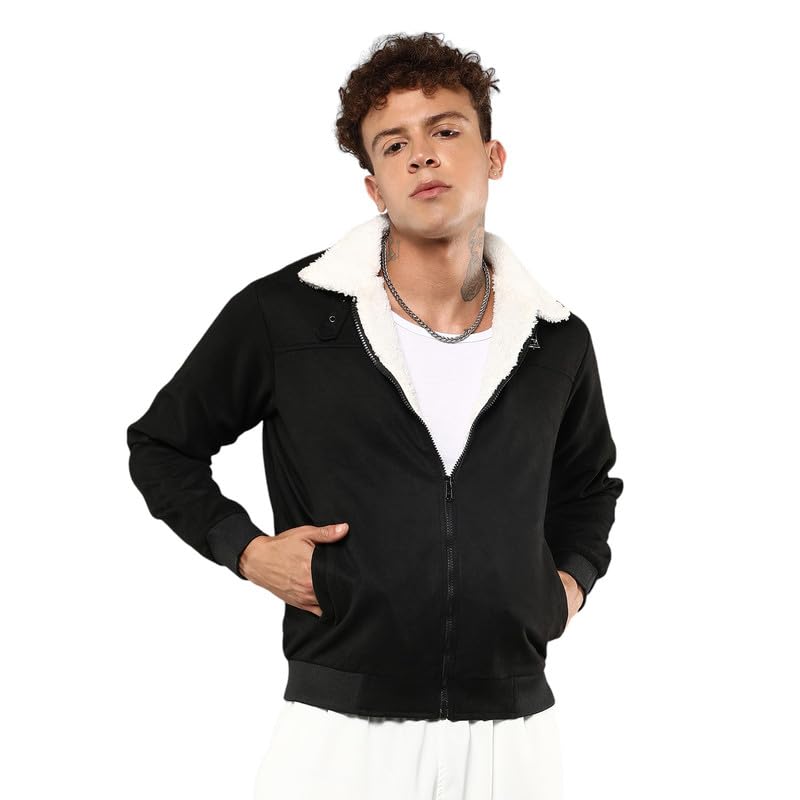 Image of CAHOOT Men's Fur-Lined Suede Bomber Jacket For Casual Wear | High Neck | Long Sleeve | Zipper Closure | Jacket Crafted With Comfort Wear For Everyday Wear