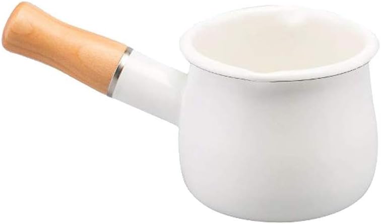 Enamel Milk Pan, Mini Butter Warmer 10cm Enamelware Saucepan Pan Cookware with Wooden Handle Perfect Size ofr Heating (Color : Red) (White)
