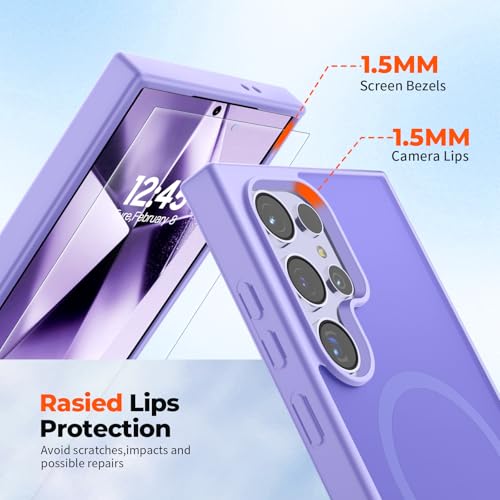 Image of SUPFINE Magnetic for Samsung Galaxy S24 Ultra Case with Screen Protector, (Built-in Magnets) (Military Grade Drop Protection) Slim Translucent Shockproof Phone Case,Purple