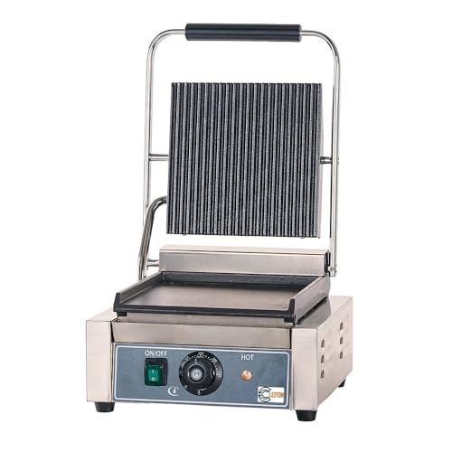 Cleiton® Grill de Contacto Eléctrico de 40 cm de Sobremesa con Superficie Inferior Lisa y Superior Ranurada | Parrilla de Contacto 300° - 1800 W | Plancha Grill para Bares y Restaurantes