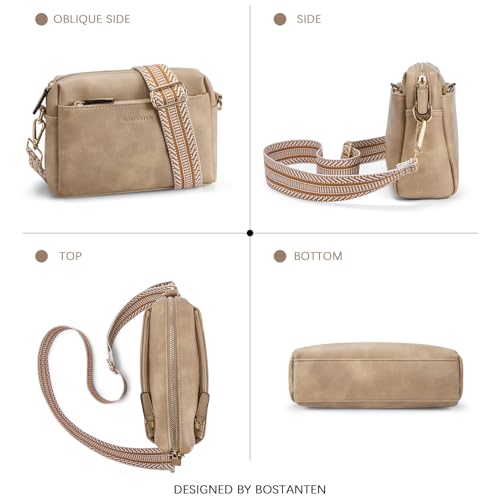 Image of BOSTANTEN Small Crossbody Purse for Women Triple Zip Cell Phone Leather Handbag with Colored Shoulder Strap