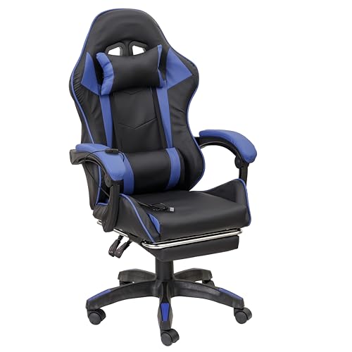 Baroni Home Silla Gaming Ergonómica con Masajeador Lumbar, Altura Ajustable y Respaldo Inclinable, Silla de Oficina con Cómodo Reposacabezas y Reposapiés, en Soft Foam, Azul, 58x66x114-124 cm