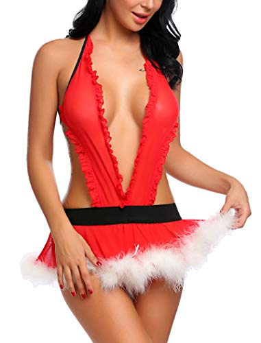 ADOME Christmas Lingerie for Women Lace Babydoll Sexy Santa Skirt Strap Chemises Outfit Red
