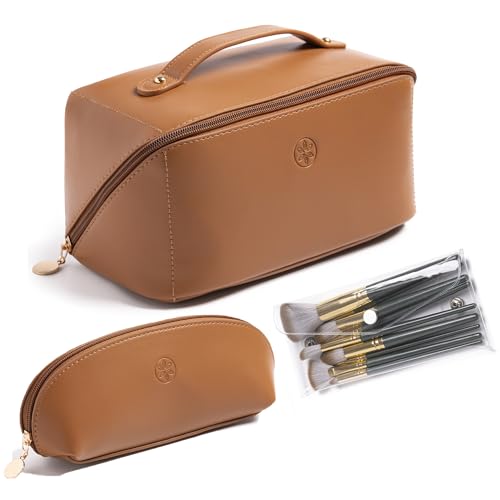 Travel Makeup Bag Waterproof Open Flat with Compartments, Large & Small Makeup Bag Organizer, PU Leather Toiletry Bag for Women, Cosmetic Bag, Make up Case Pouch, Make up Bags (3 Pieces Set)