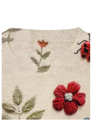 GORGLITTER Women's Floral Flower Fall Sweaters 2025 Butterfly Embroidered Long Sleeve Cable Knit Knitwear3