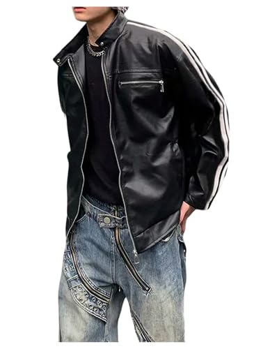Men's Side Stripe Faux Leather Jacket Zip Up Motorcycle Coats Outerwear Streetwear