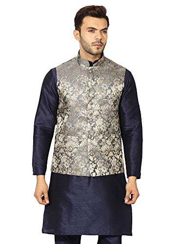 Image of Uri and MacKenzie Men's Silk Blend Regular Kurta Churidar Pyjama with Bundi Nehru Jacket /Waistcoat