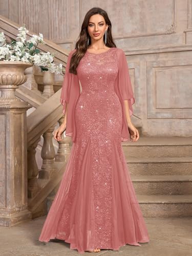 Miusol Women's Lace Tulle Sparkly Sequin Formal Evening Mermaid Hem Maxi Dress4