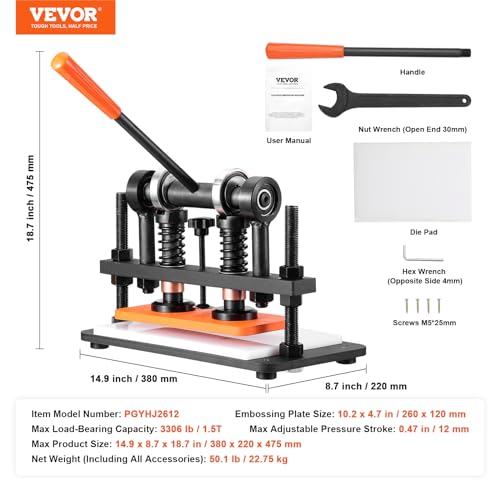 Image of VEVOR Leather Cutting Machine, 10.2 x 4.7 in Embossing Plate Manual Die Cutter, 0.47 in Pressure Stroke Leather Embossing Machine, Dual Guide Shafts Die Cut Machine for Various of Materials
