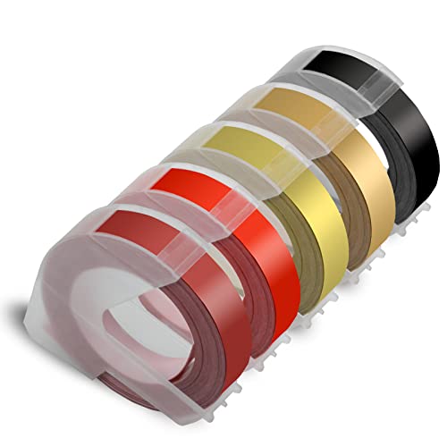 Exsun 5x 9mm 3D Ruban Compatible Étiquette pour Dymo 3D Embossing Plastique Auto-Adhésif pour Dymo Junior/Dymo Omega/Dymo Maxi 1755 Motex E-303, Blanc sur Nior/Champagne Or/Or/Rouge/Rouge Marron Cover