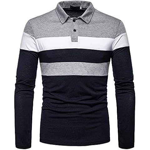 HUAZONG Men's Polo Shirt Long Sleeve Polo Tee Cotton Patch Work Casual Striped Tennis Rugby Sports Golf T-shirt Tops (Black, L) Cover