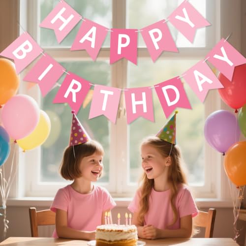 Image of Happy Birthday Banner Sign, Birthday Garland Wall Door Hanging Banners Flag for Women Men Boys Girls Party Backdrop Decorations, Personalized Name Banner White Letters Pink and Light Pink