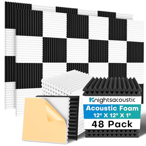 48 Pack Sound Proof Foam Panels for Walls with Self Adhesive, 12x12x1 Acoustic Foam Panels, High...