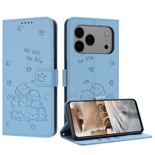 Coque iPhone 17 rabat magnétique étui cuir bleu clair motif chat