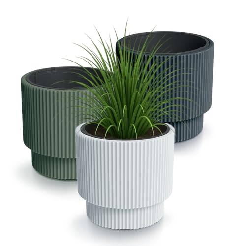 Blumentopf Outdoor Gerillt - Rippen-Design Blumentopf Gross Innen - Stilvolle Blumentöpfe Für Aussen, Rillen Design, Wetterfest und Robust, Ideal für Garten und Terrasse (Weiß, 300)