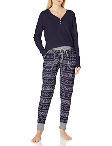 Splendid Women's Long Sleeve Henley and Jogger Pajama Lounge Set, Peacoat, Midnight Blue fair Isle, L